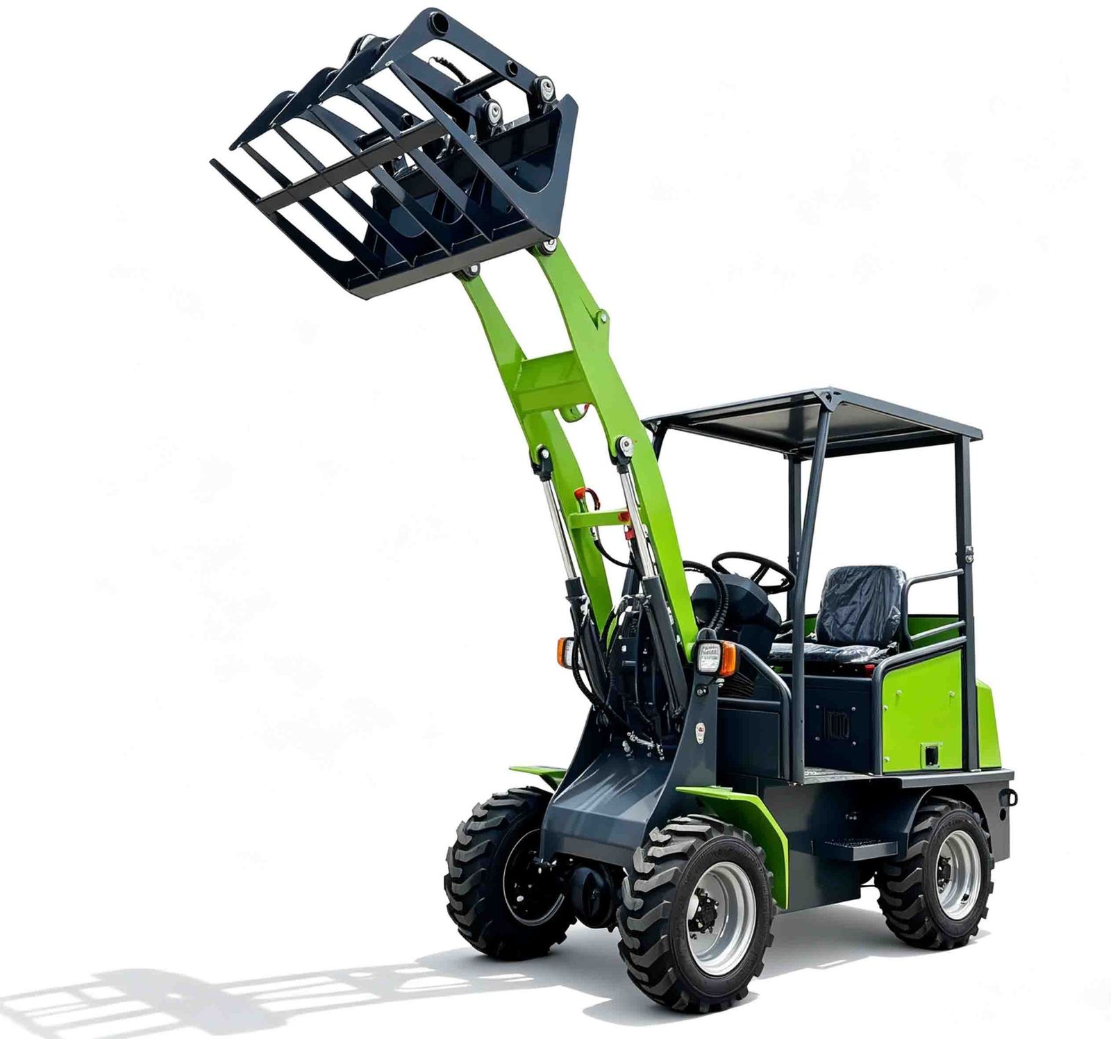 Xinghang XHD500 mini electric wheel loader in green with fork grapple attachment raised